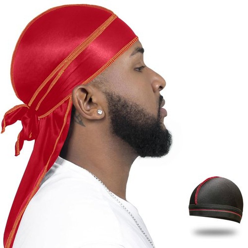 ForceWave Silky Durag for Men Wave Cap Satin Dorag for Men Women 360 Wave (Red with Gold Seam)