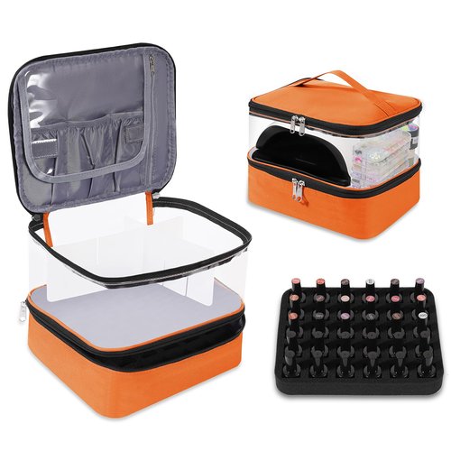 Clear Nail Polish Organizer, Double-Layer Nail Polish Bag Organizer Case Holds 30 Bottles and Nail Dryer, Nail Organizers and Storage for Manicure Tools-Orange