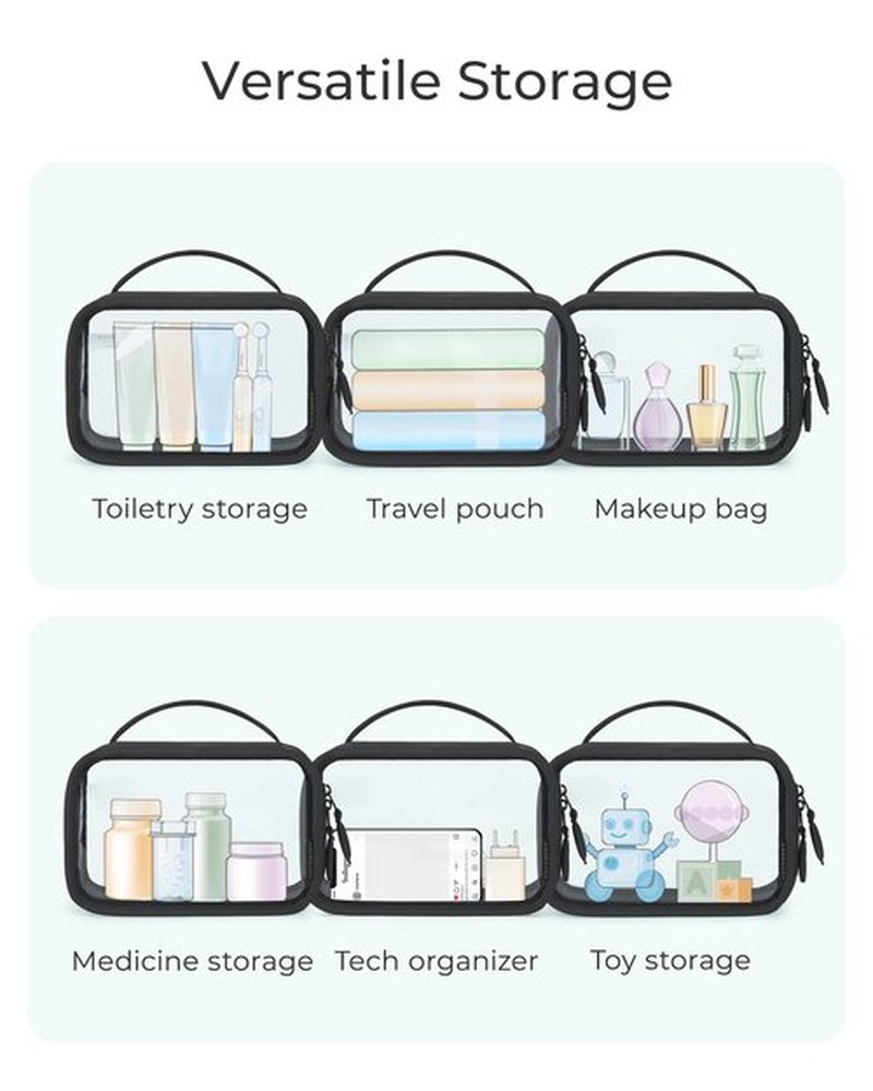 BAGSMART Double Layer Clear Makeup Bag, TSA-Approved Toiletry Bag, Large Opening with Handle, Cute Water-Resistant Travel Cosmetic Bag with Double Zipper for Car Essentials(Black)