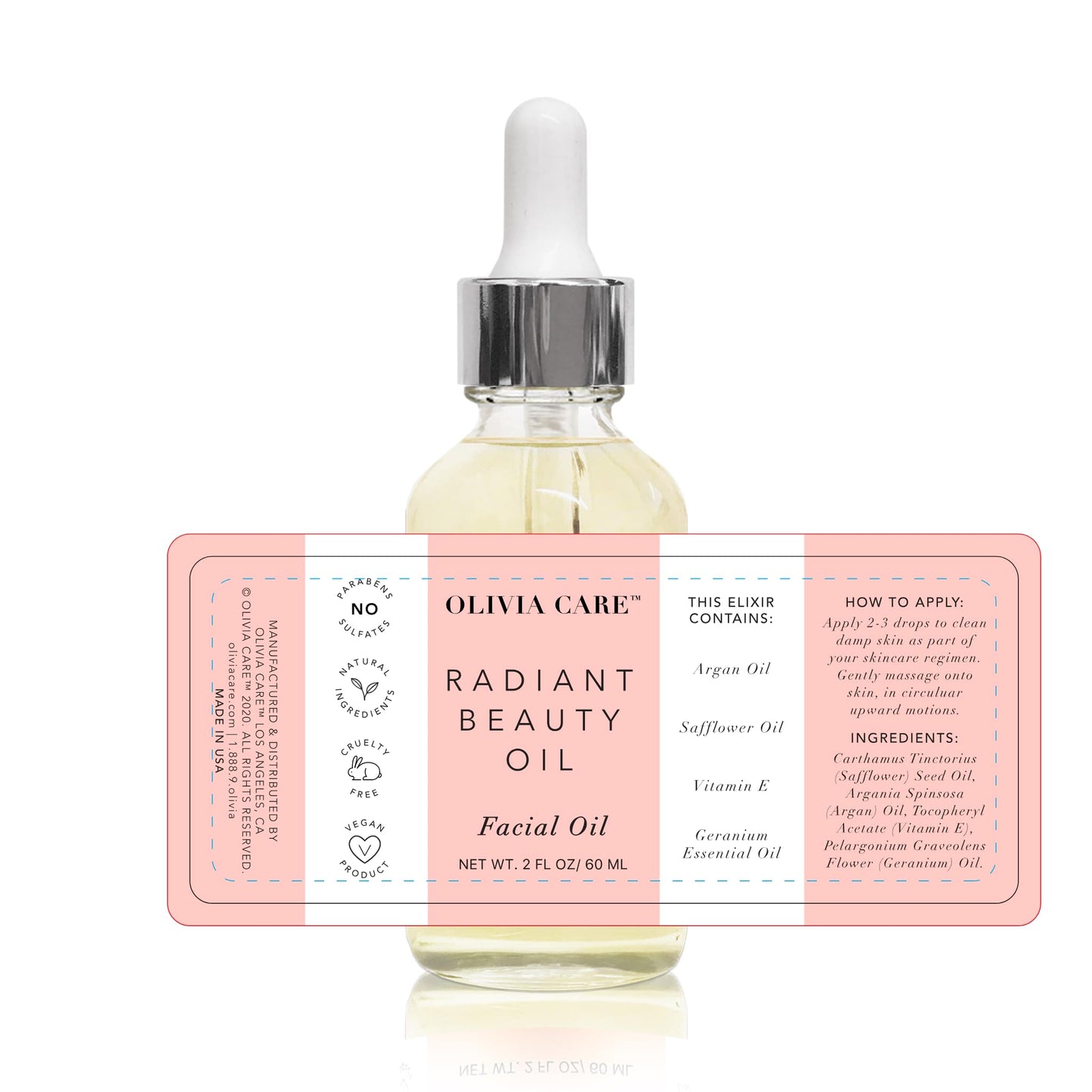 Olivia Care Facial Oil Infused with Argan, Safflower, Vitamin E & Geranium Essential Oil - All Natural - Hydrating, Anti-aging & Antioxidants - Remove Wrinkles & Clear Pores - 2 FL OZ