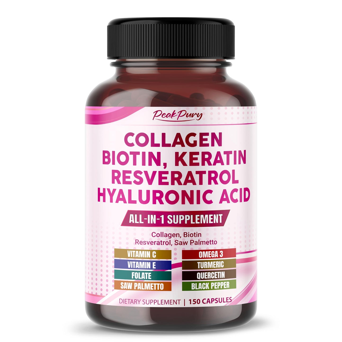 PeakPury Collagen Biotin Supplement, 10000 mcg Biotin with Collagen Peptides, Hyaluronic Acid, Keratin, Resveratrol & Saw Palmetto, Skin Hair Nails & Joint Support*, 150 Capsules, Non-GMO