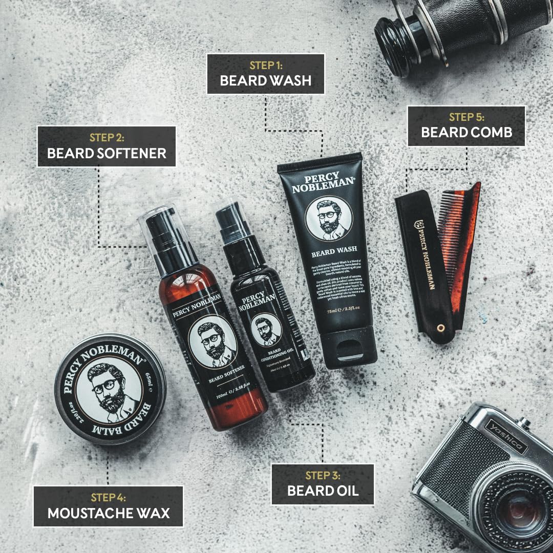Percy Nobleman Complete Beard Care Kit – Beard Grooming Gift Set with Beard Softener, Scented Beard Oil, Beard Balm, Beard Wash and Folding Acetate Comb for Softening, Hydration & Styling