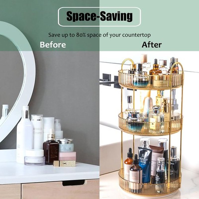 Zufudo Rotating Makeup Organizer 3 Tier Lazy Susan Trays Skincare Perfume Organizer for Bathroom Counter Vanity, Amber Gold