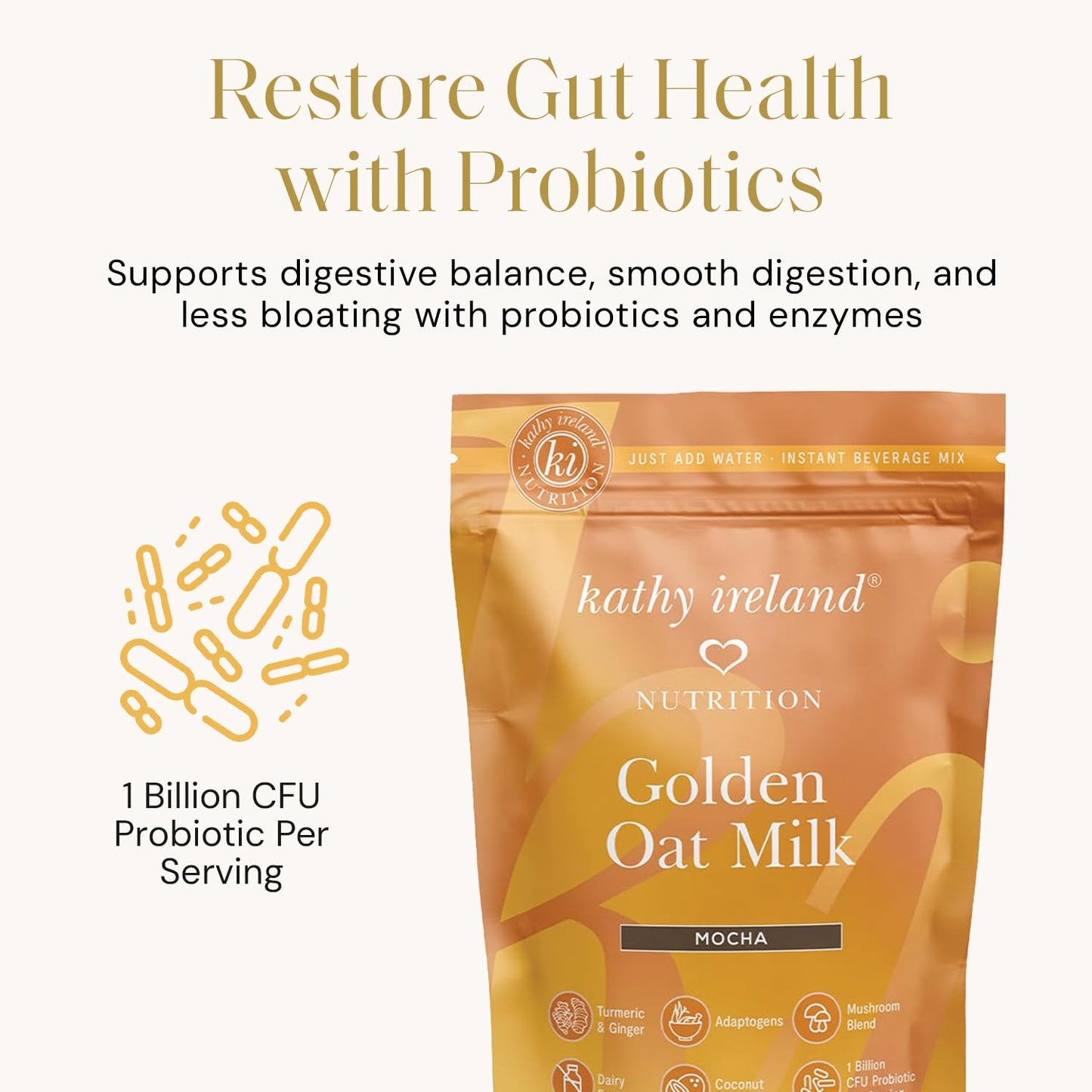 kathy ireland Oat Milk Powder, Plant-Based Golden Milk, Instant Beverage Mix with Mocha Flavor, Adaptogens, Mushrooms, Turmeric & Probiotics, Dairy-Free, 10.4 oz