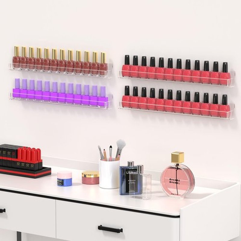 PMMASTO Adhesive Nail Polish Organizer Holder 15 Inch Clear Acrylic Wall Rack Shelf for 40-60 Bottles Nail Polish Display Rack For Nail Room Decor Organizer (4 Pack)