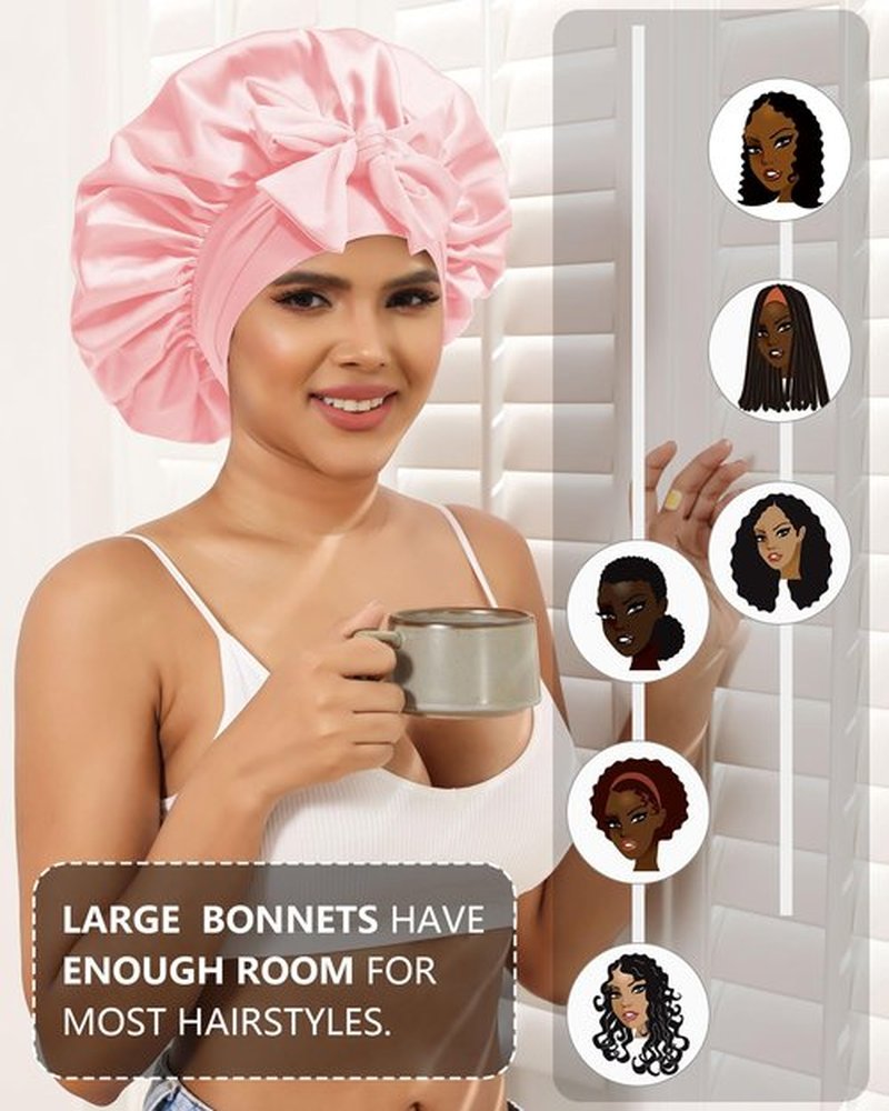 Satin Bonnet for Women Silk Bonnets for Sleeping Curly Hair Bonnet with Elastic Tie Band Reversible Double Layer Sleep Cap Hair Wrap (Pink)