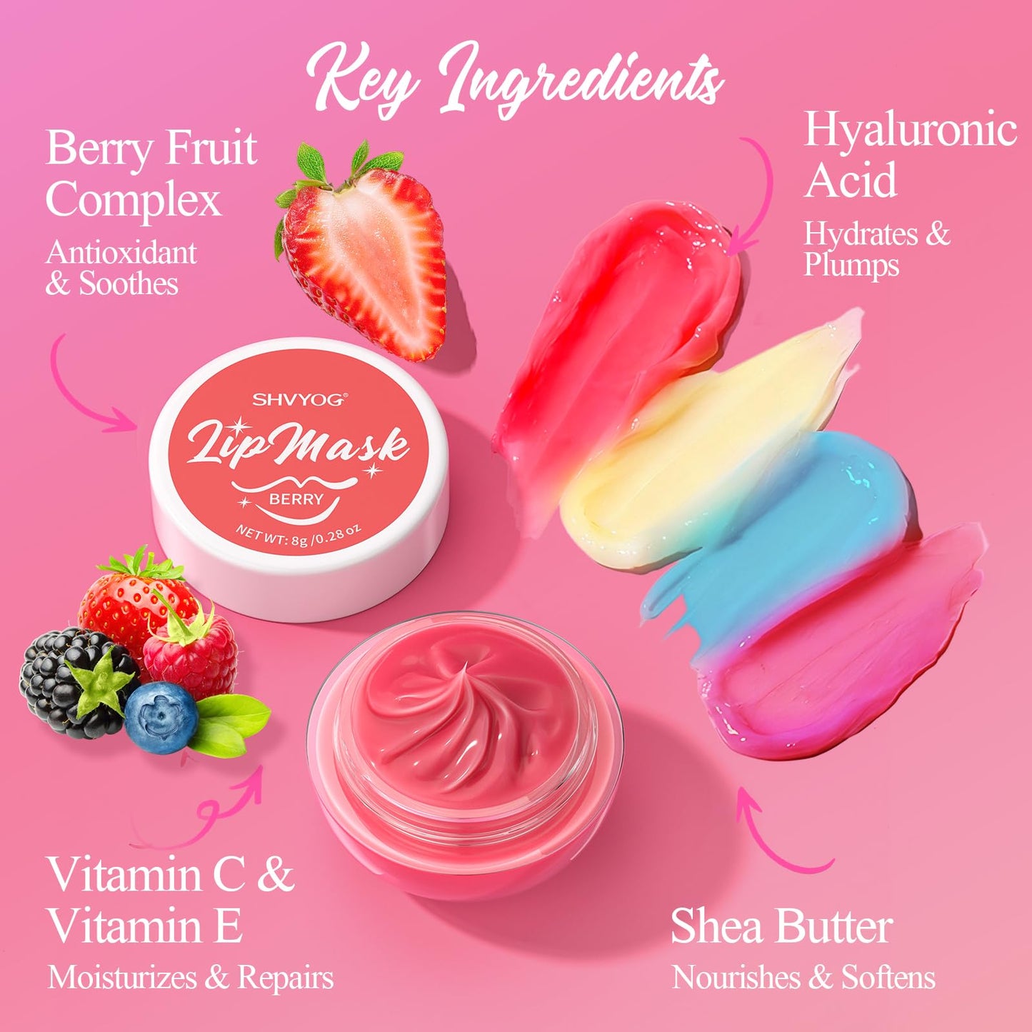 4 Pack Lip Mask Set, Hydrating Lip Mask Overnight - Berry, Grape, Mint, Vanilla Flavors, Lip Sleeping Mask Nourish Lip Balm with Vitamin C & Shea Butter | Dry Lips Care Gift