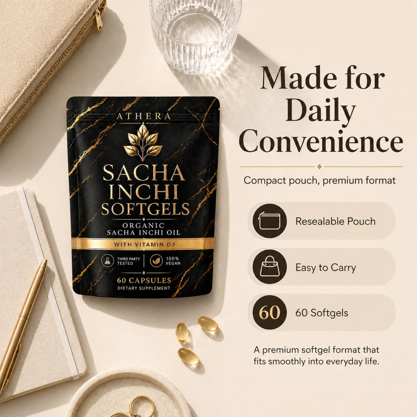 OIMTUE Athera Sacha Inchi Oil Capsules, Organic Sacha Inchi Oil & Vitamin D3, 60 Softgels (1 pc)