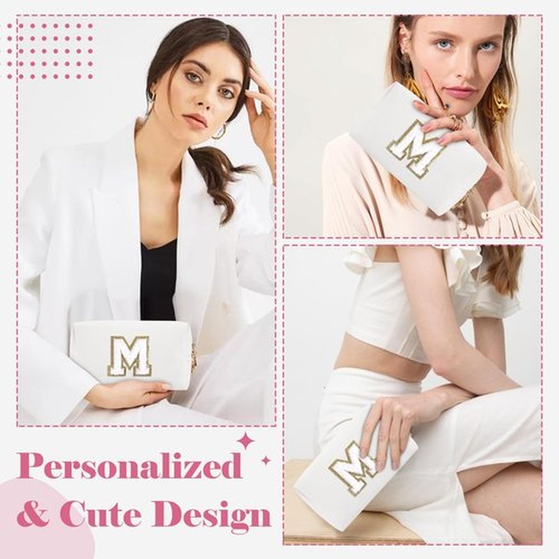 Small Personalized Initial A-Z Preppy Patch Makeup Bag,White PU Chenille Letter Travel Cosmetic Pouch with Zipper,Cute Toiletry Bag,Gift Ideal for Teen Girls Women Teacher Bridesmaid,Letter M