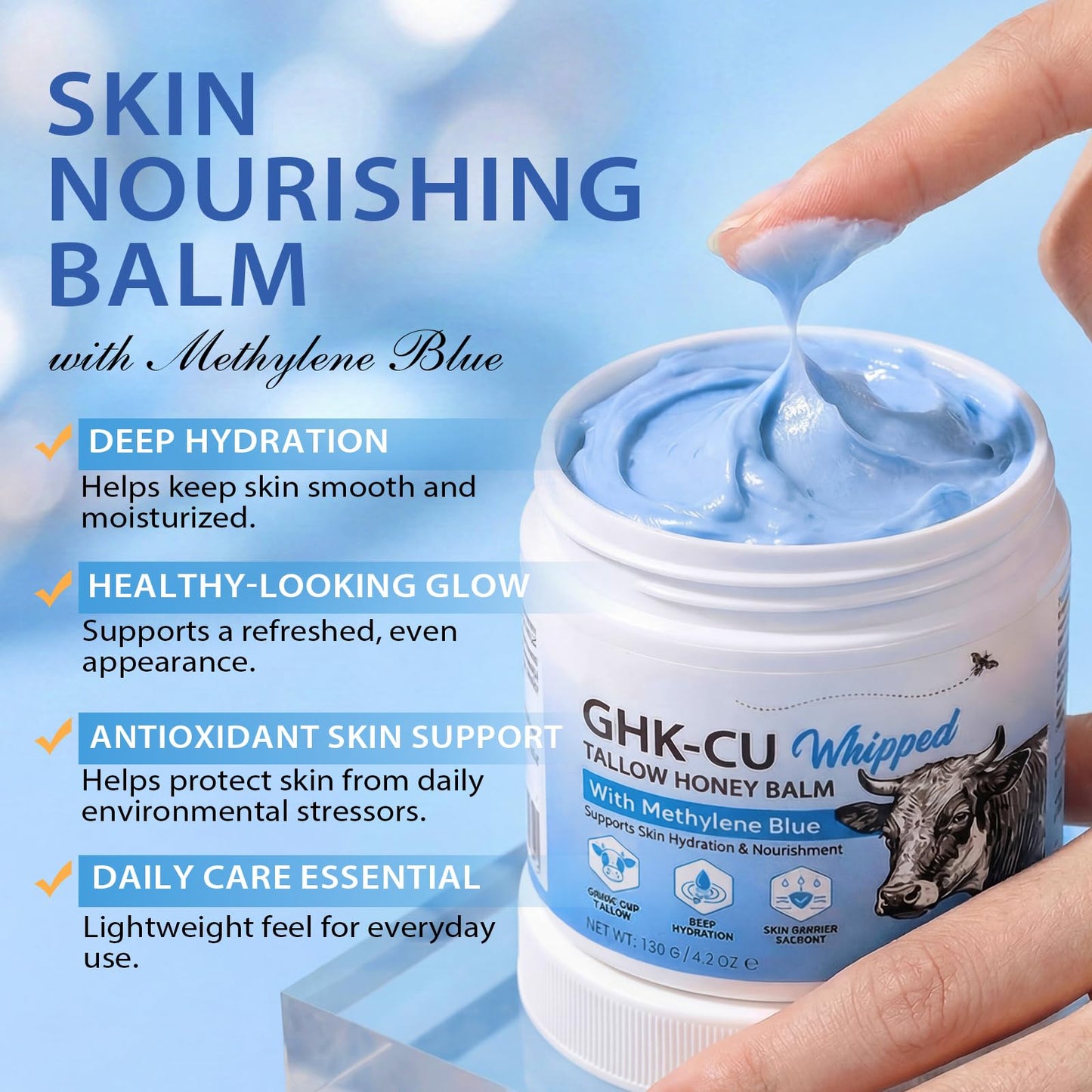 GHK-Cu Peptide Cream for Face, Blue Beef Tallow Moisturizer with Copper Peptides, Methylene Blue, Manuka Honey & Vitamin E – Anti-Aging Firming Repair, Gentle & Safe for Dry Sensitive Mature Skin