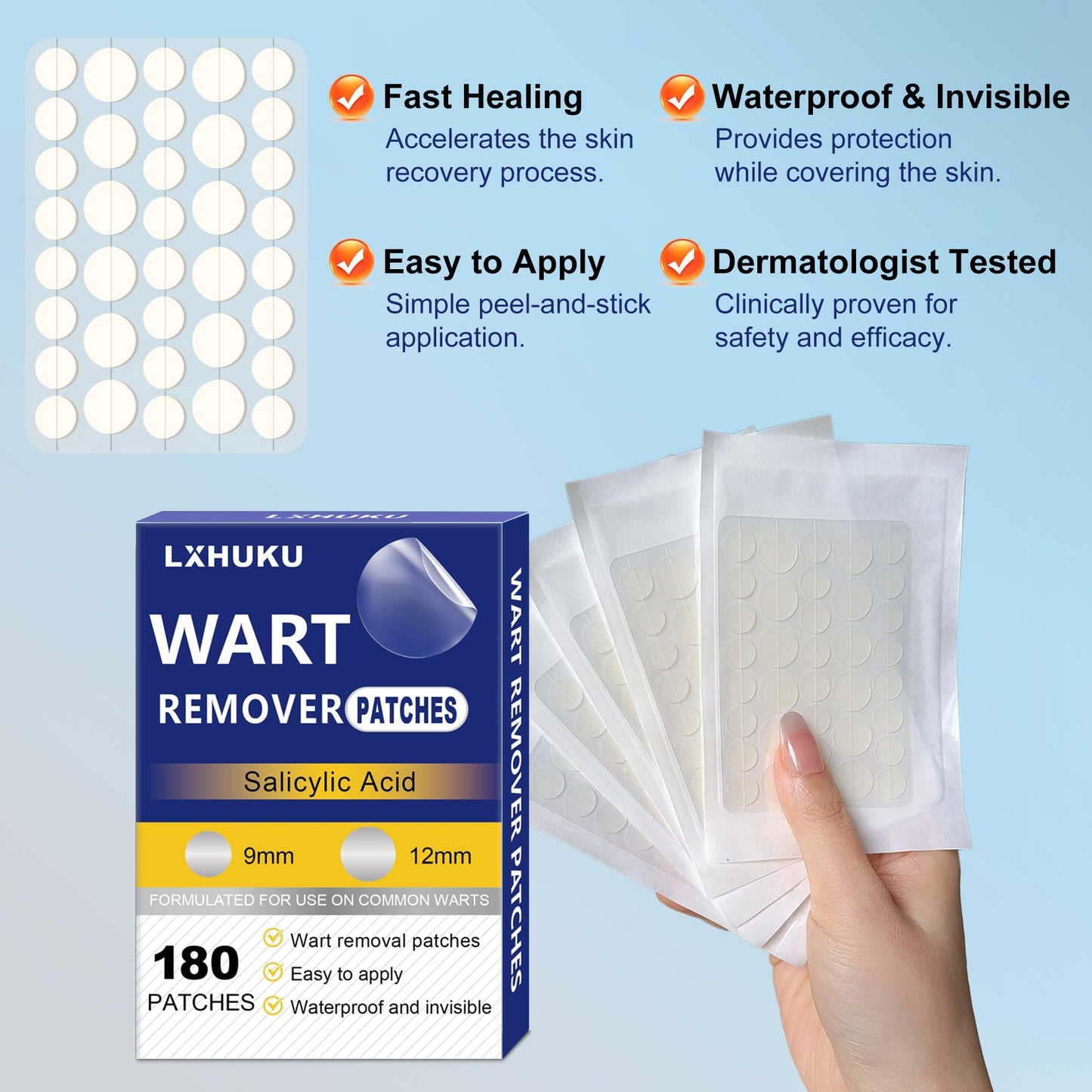 LXHUKU Maximum Strength Salicylic Acid Wart Remover Patches, Fast Gentle Removal, Discreet Long - Lasting, Ideal for Various Skin Blemishes Like Plantar, Common, Flat Warts, Corns and Calluses