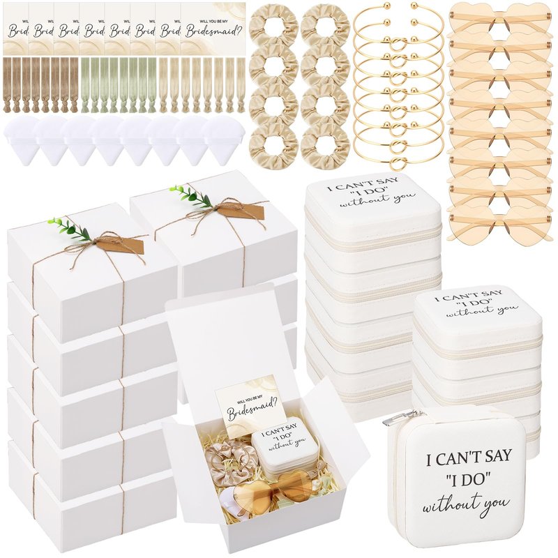 Fingertip WD 81 Pcs Bridesmaid Proposal Gift Jewelry Box Including Bridesmaid Bridal Hairband Sunglasses Powder Puff Bridesmaid Cards Gift Box for Wedding Champagne