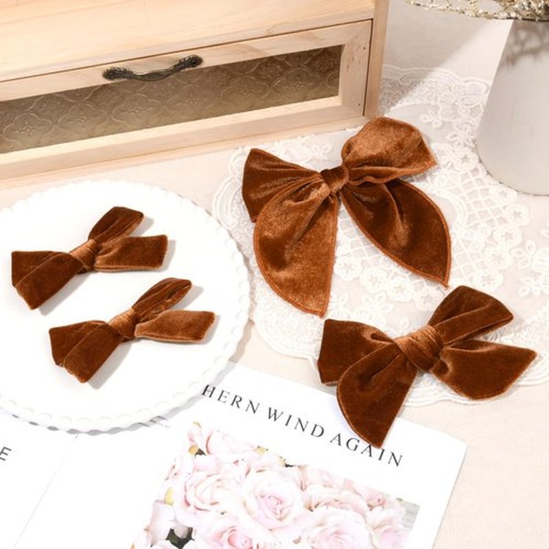DEEKA 4 PCS Orange Brown Velvet Hair Bows 3 Styles 5" & 4" Handmade Hair Bow set for Toddler Girls Alligator Hair Clips Knot Bows Hair Accessories for Little School Girls (Orange Brown)