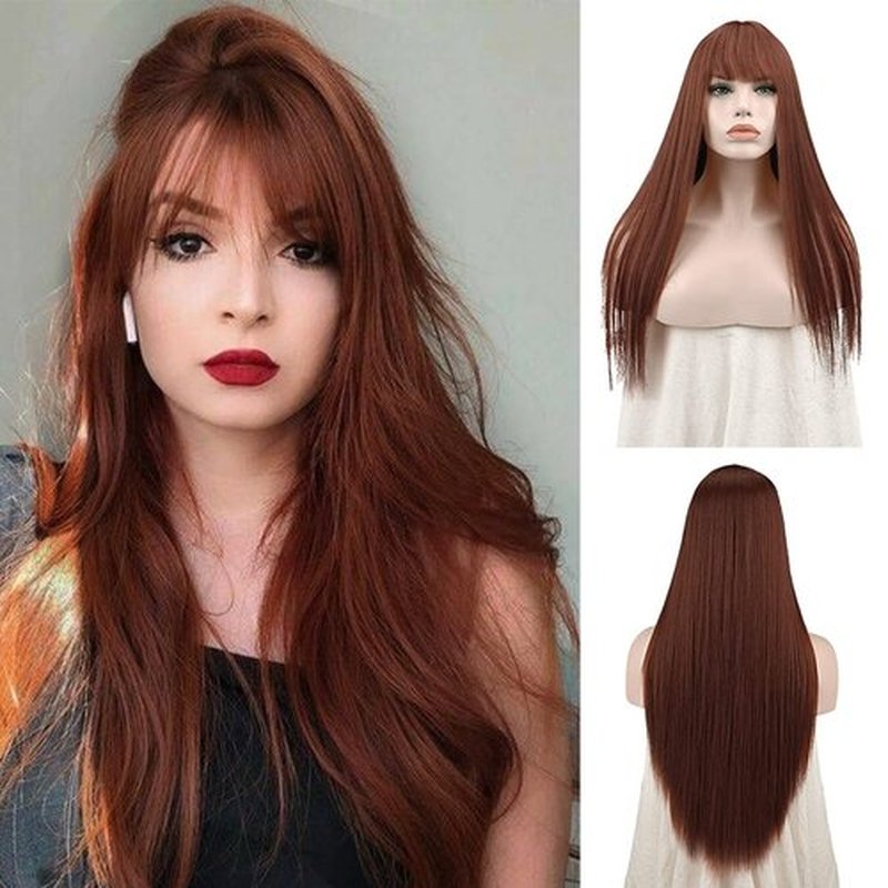 SOFEIYAN 26 inches Long Straight Wig with Bangs Auburn Synthetic Hair Replacement Wigs Heat Resistant Full Wig for Women Girls