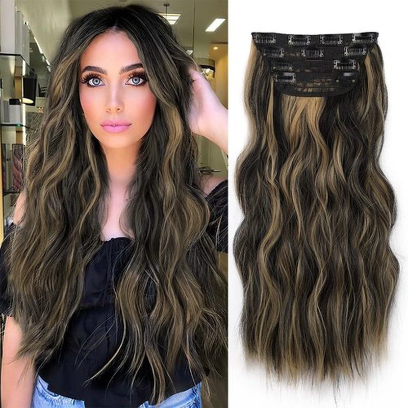 QGZ Clip in Long Wavy Hair Extensions Synthetic 4 PCS Thick Hairpieces for Women 20 Inch Long Fiber Hair Extension for Daily Party Use (Black Brown Mix Blonde)