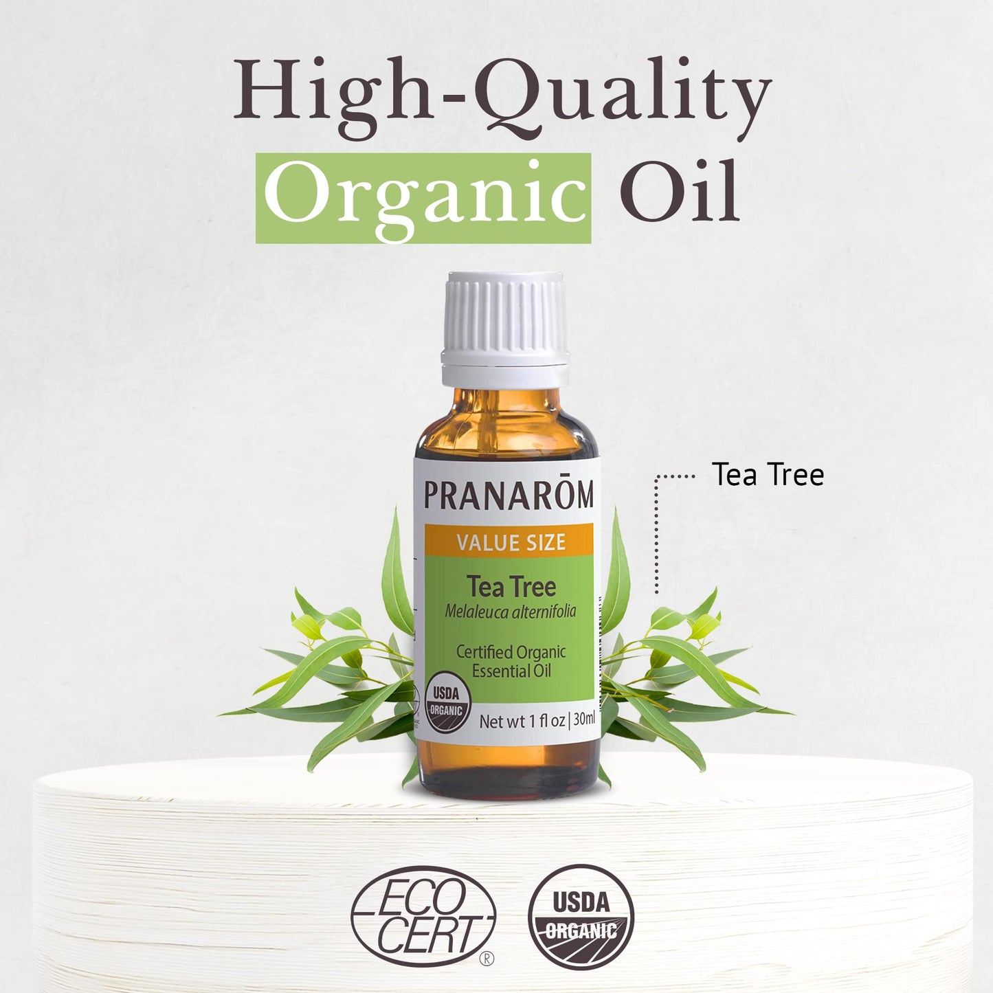 Pranarom USDA Certified Organic Tea Tree Essential Oil (30ml), 100% Pure Undiluted Therapeutic Grade from Zimbabwe for Aromatherapy, Diffuser, Healthy Skin & Hair, Massage, Relaxation