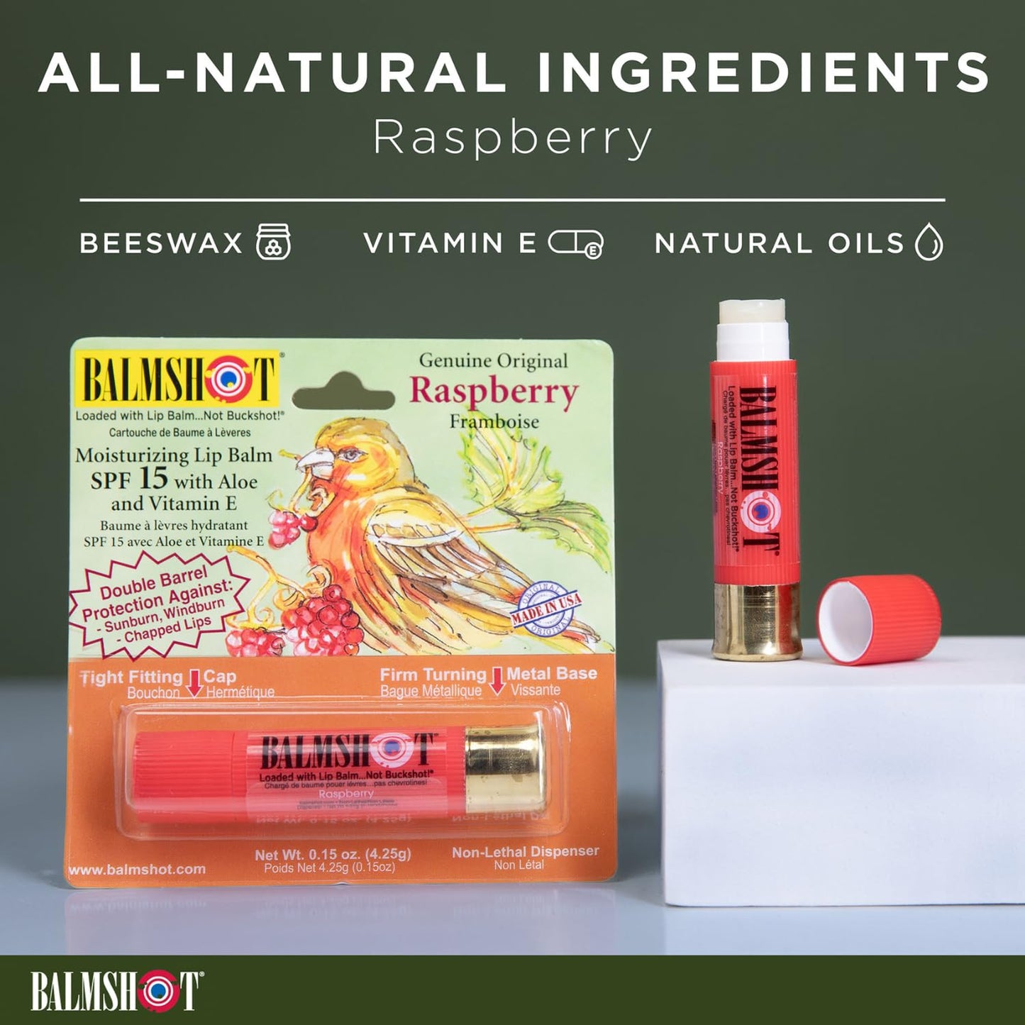 BALMSHOT Raspberry Lip Balm SPF 15 – Beeswax Chapstick for Dry Chapped Lips, 20-Gauge Brass Shotgun Shell Tube, Heat Resistant, Long Lasting Lip Moisturizer for Men & Women, Made in USA