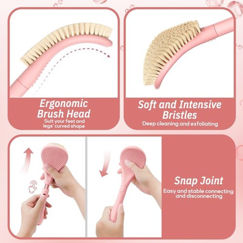GEENOA New Foot Brush for Shower, 3-in-1 Foot Scrubber for Wet or Dry Brush, 10.2’’-27.5’’Adjustable Foot Scrub Brush and Silicone Body Scrubber Set, Gift-Box Packaged(White+Body Scrubber)