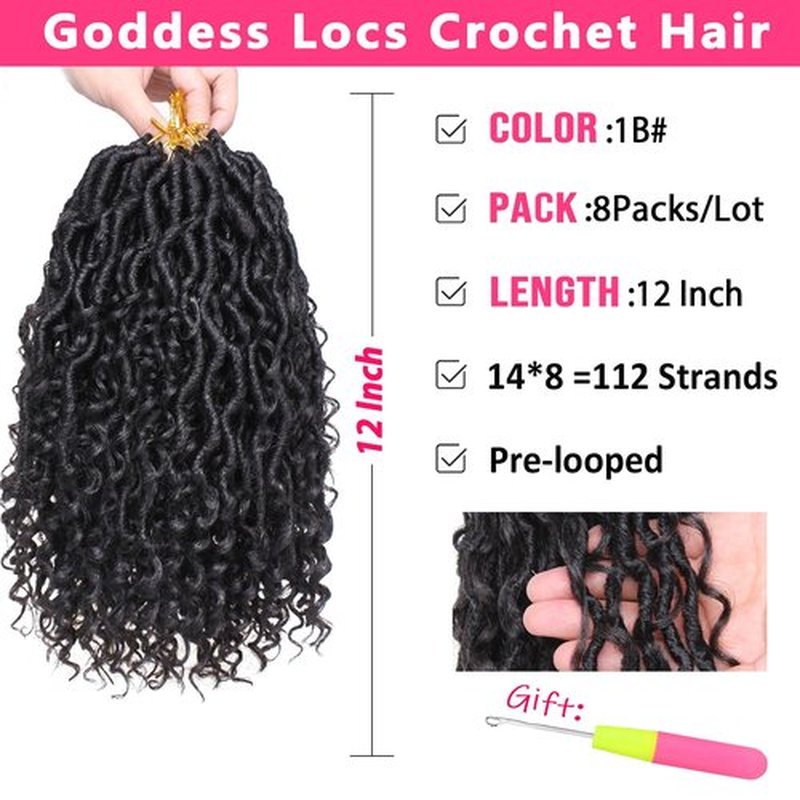 RuiYok 8 Packs Goddess Locs Crochet Hair 12 Inch Short Faux Locs Crochet Hair with Curls Pre-looped Boho Locs Crochet Braids for Black Women Synthetic Crochet Soft Locs Braiding Hair Extensions 1B