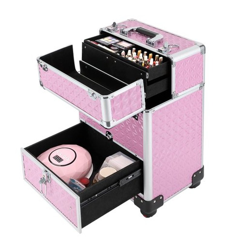 Rolling Makeup Train Case with Drawers, Cosmetic Travel Trolley, Storage Sliding Drawer 4 Tray Cosmetics Beauty Organizer Lockable Luggage Trolley w/Wheels for Makeup/Nail Art/Hair Styling (Pink)