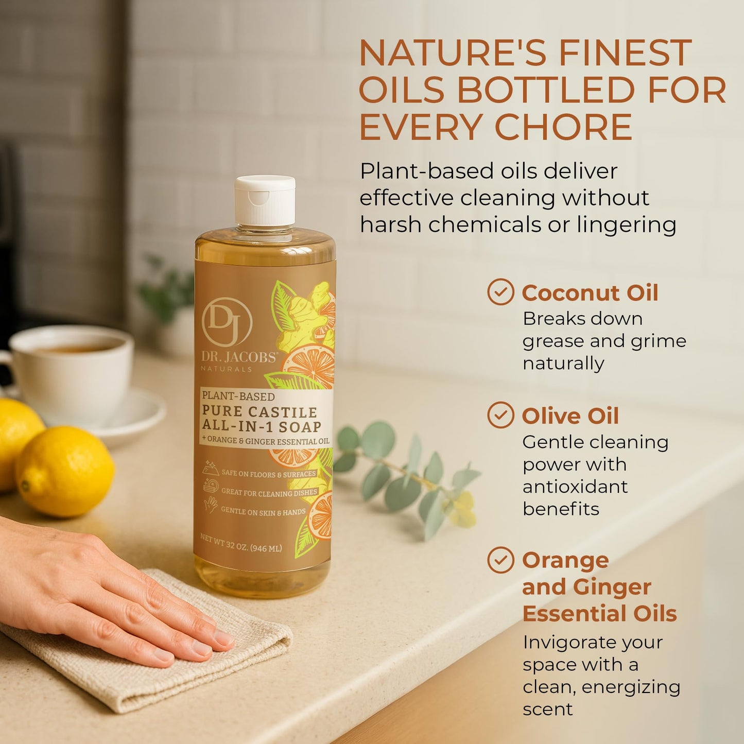 Dr. Jacobs Naturals Orange & Ginger Castile All-In-One Cleaner and Soap - Plant-Based Formula for House Cleaning Floors and Appliances - Gentle on Skin and the Planet - 32 oz, 1 Pack
