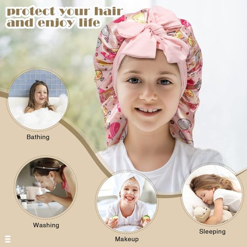 Kids Long Hair Bonnet for Sleeping - Double Layer Girls Elastic Satin Bonnet with Tie Band for Braid Curly Hair (Whales+Beige)