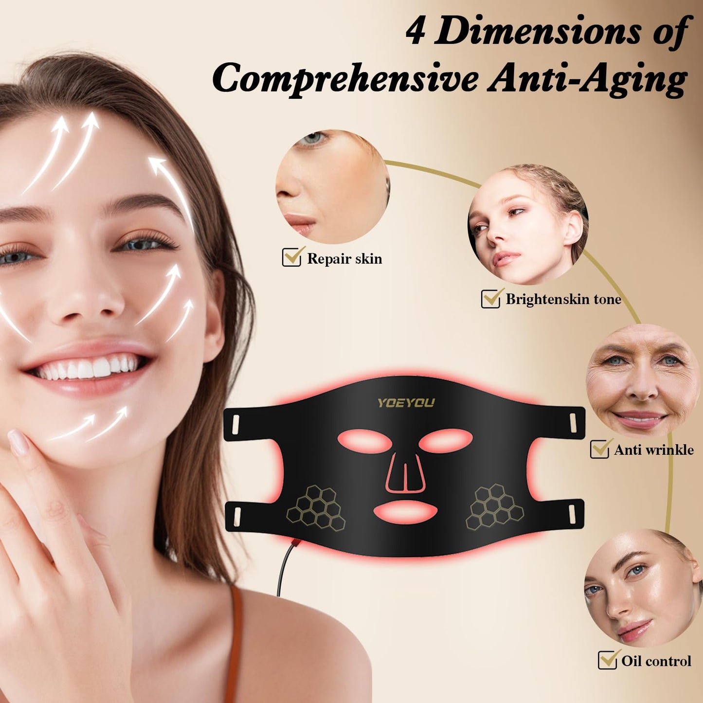 YOEYOU Red Light Therapy for Face, 850nm Near Infrared LED Face Mask, 4 Light Modes, Portable Rechargeable Red Light Therapy Mask Skincare Device for Facial Rejuvenation