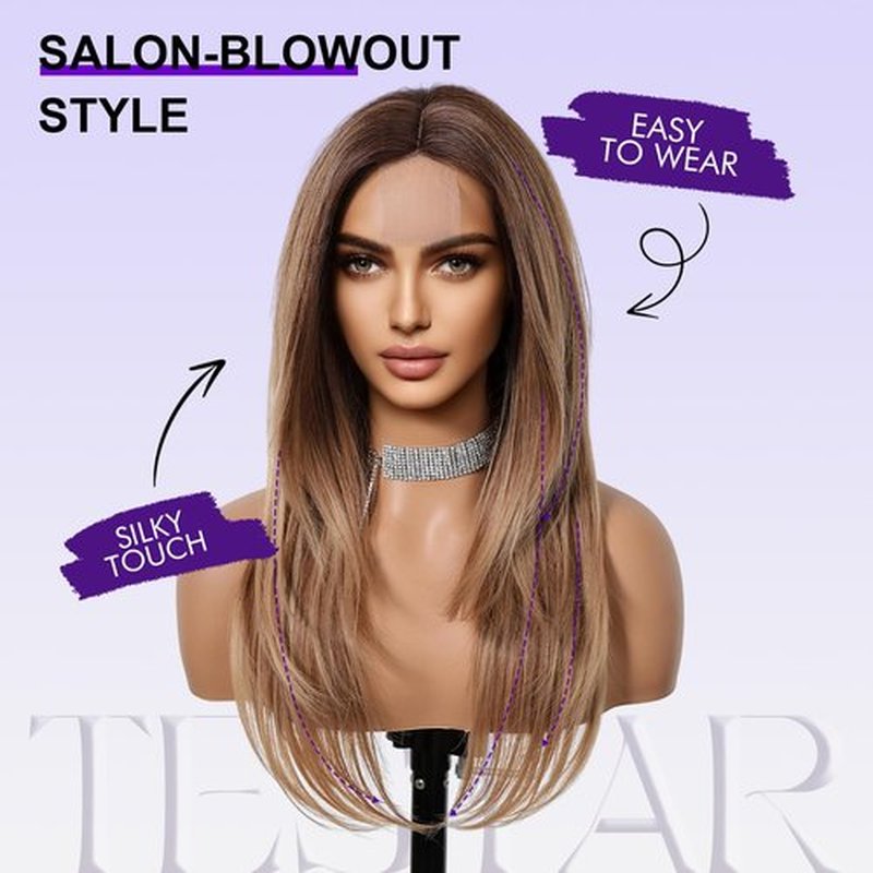 testar Long Blonde Straight Wigs For Women Blonde Brown Layered Wigs Lace In Hairline Natural Looking Heat Resistant Synthetic Wigs for Daily Party Use 26 IN