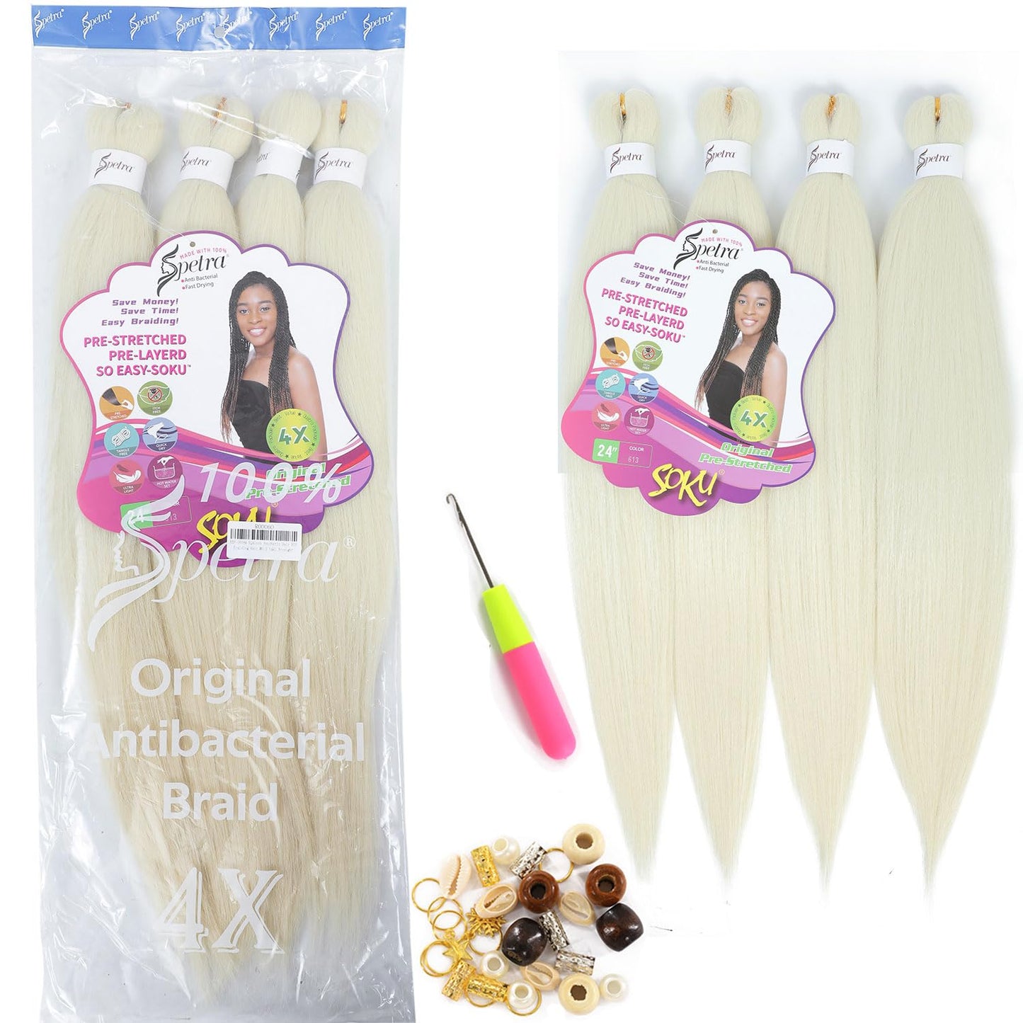 [MULTI PACKS DEAL] Spetra Platinum Blonde Pre Stretched Braiding Hair Extensions 24 Inch - 8 Bundles Synthetic Crochet Braids 613 Knotless Natural EZ Box Braids Hair Professional Soft Yaki Straight