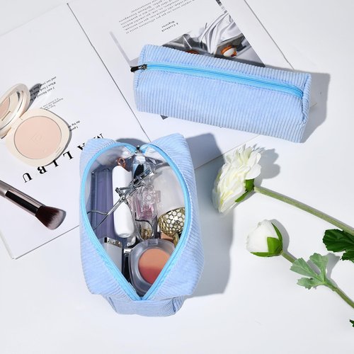 SOIDRAM Makeup Bag Corduroy Cosmetic Bag Cute Blue Makeup Pouch 1Pcs Large Capacity Makeup Bags and 1Pcs Makeup Brushes Storage Bag Travel Toiletry Bag Organizer