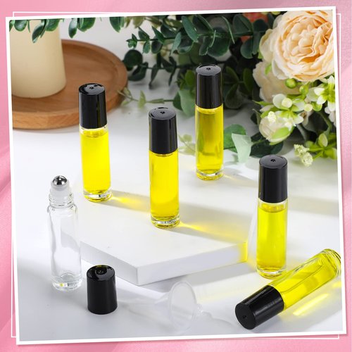 SEEWEY 96 Pcs Essential Oil Roller Bottles 10ml Empty Glass Roller Bottles with Stainless Steel Roller Balls Protection Leakproof with 5 Funnel for Travel Perfume Lip Gloss (Clear, Black Lid)