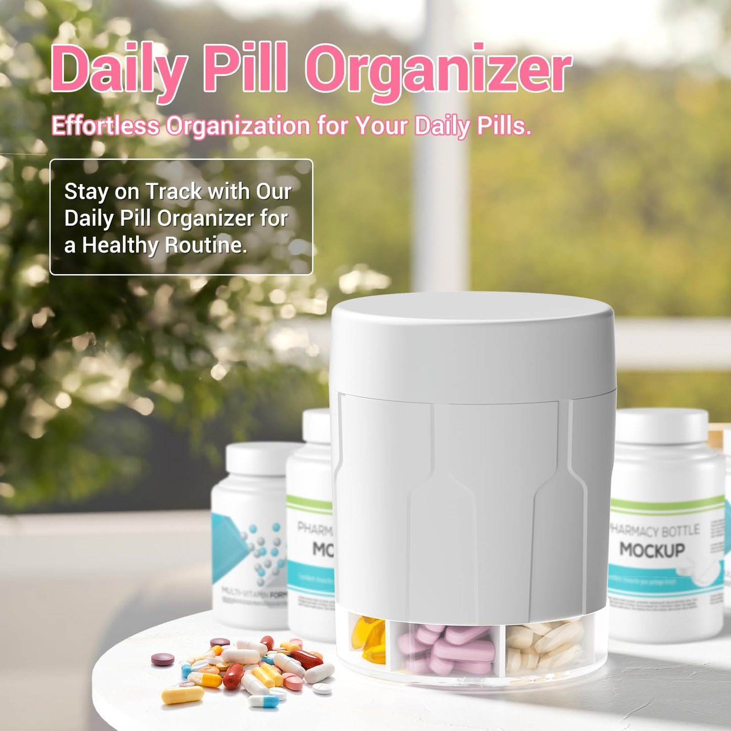 Betife Extra Large Supplement Organizer,Weekly Pill Organizer Bottle, Daily Pill Dispenser with 7 Large Compartments, Organizer to Hold 7 Day Vitamin Medication,21 Labels and a Cleaning Brush（White）