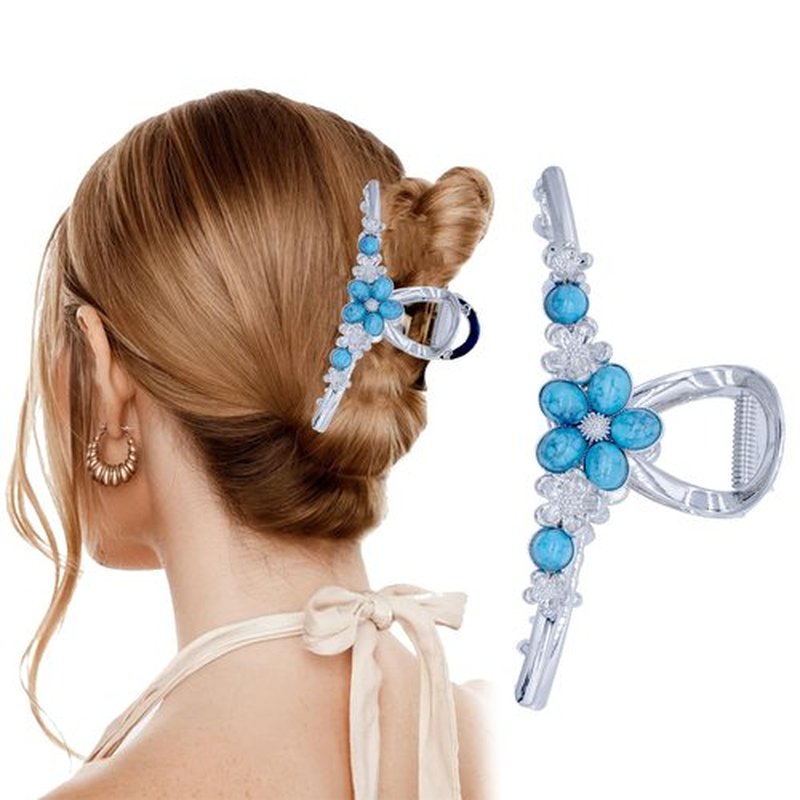 Dailyyart Large Large Metal Hair Claw Clips 4.5 In Silver Turquoise Stone Sun Flower Western Hair Claw for for Thin Thick Curly Hair (Flower)