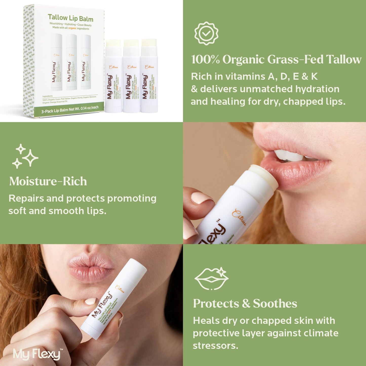 My Flexy 100% Organic Lip Balm Hydrating, Grass-Fed Beef Tallow Lip Balm, Made with Pasture Raised Tallow, Honey, Beeswax, & Orange Essential Oil, Lip Balms & Moisturizers - 1 Pack