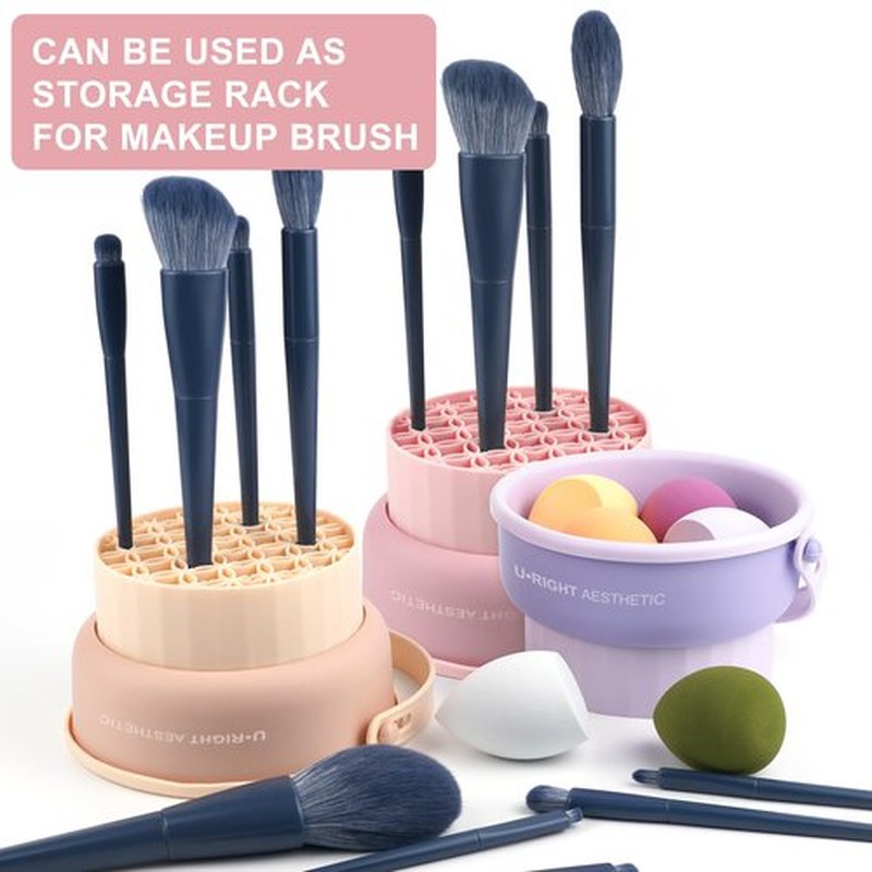 Ranphykx Makeup Brush Cleaner Mat 3 in 1 Silicone Makeup Brush Cleaning Bowl with Drying Holder Brush Cleaning Scrubber Tool Cosmetic Brush Cleaner with Holder for Storage Stand (Pink)
