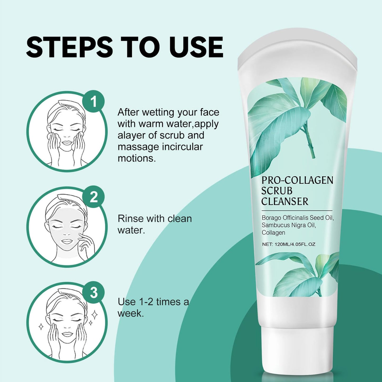 Exfoliating Face Scrub,3 In 1 Collagen Scrub Cleanser With Borago Officinalis Seed Oil,Sambucus Nigra Oil,Facial Cleansing And Exfoliating,Moisturizing And Firming The Skin - 4.05 Fl Oz