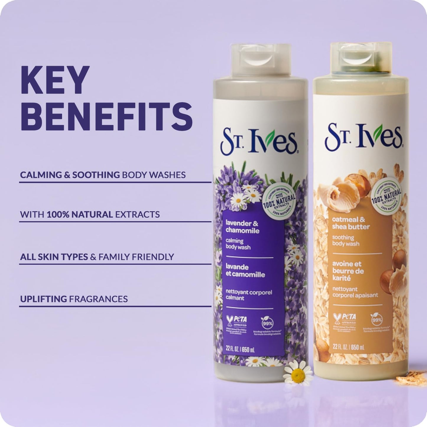 St. Ives Body Wash Variety 2-Pack – Soothing Oatmeal & Shea Butter + Calming Lavender & Chamomile, 100% Natural Extracts, Cruelty-Free, 22 Oz Ea