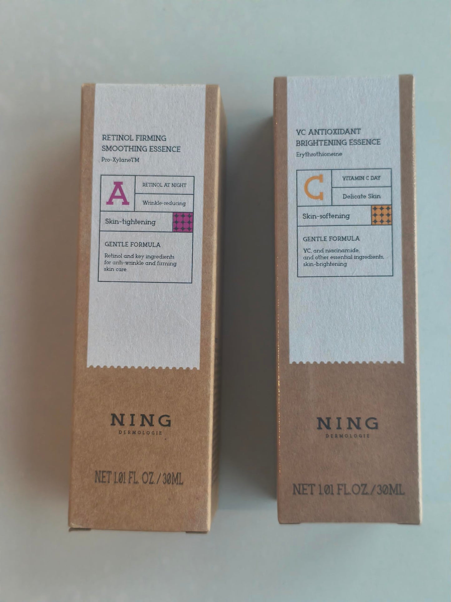 NING DERMOLOGIE Vitamin C Serum & Retinol Serum for Face Set - Collagen Booster & Dark Spots Treatment Face Serum Duo for Gentle Firming Anti Aging & Wrinkle | Korean Skincare Rountine - 1 fl oz Each