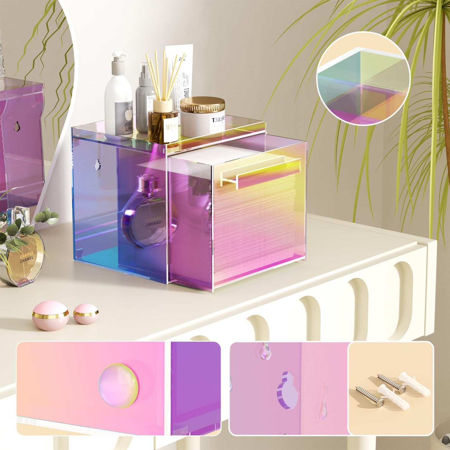 TAINESS Acrylic Disposable Facial Towels Holder, Wall-Mounted, Rainbow