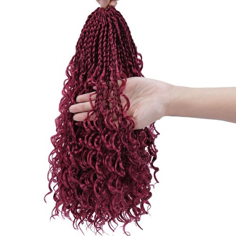 Goddess Box Braids Crochet Hair 14 Inch 8 Packs Burgundy Red Pre-looped Bohemian Crochet Boho Box Braids With Curly Ends 3X Crochet Braids Hair for Women Synthetic crochet Hair (14 inch,#BUG)