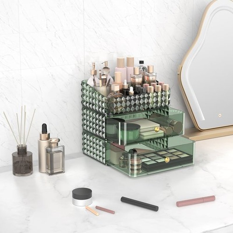 Rosoenvi Makeup Organizer for Vanity, Stackable Cosmetics Organizer and Storage, Cosmetic Display Cases with 2 Drawers and 1 Tray for Makeup Brush, Hair Accessories, Lipstick and Jewelry, Green
