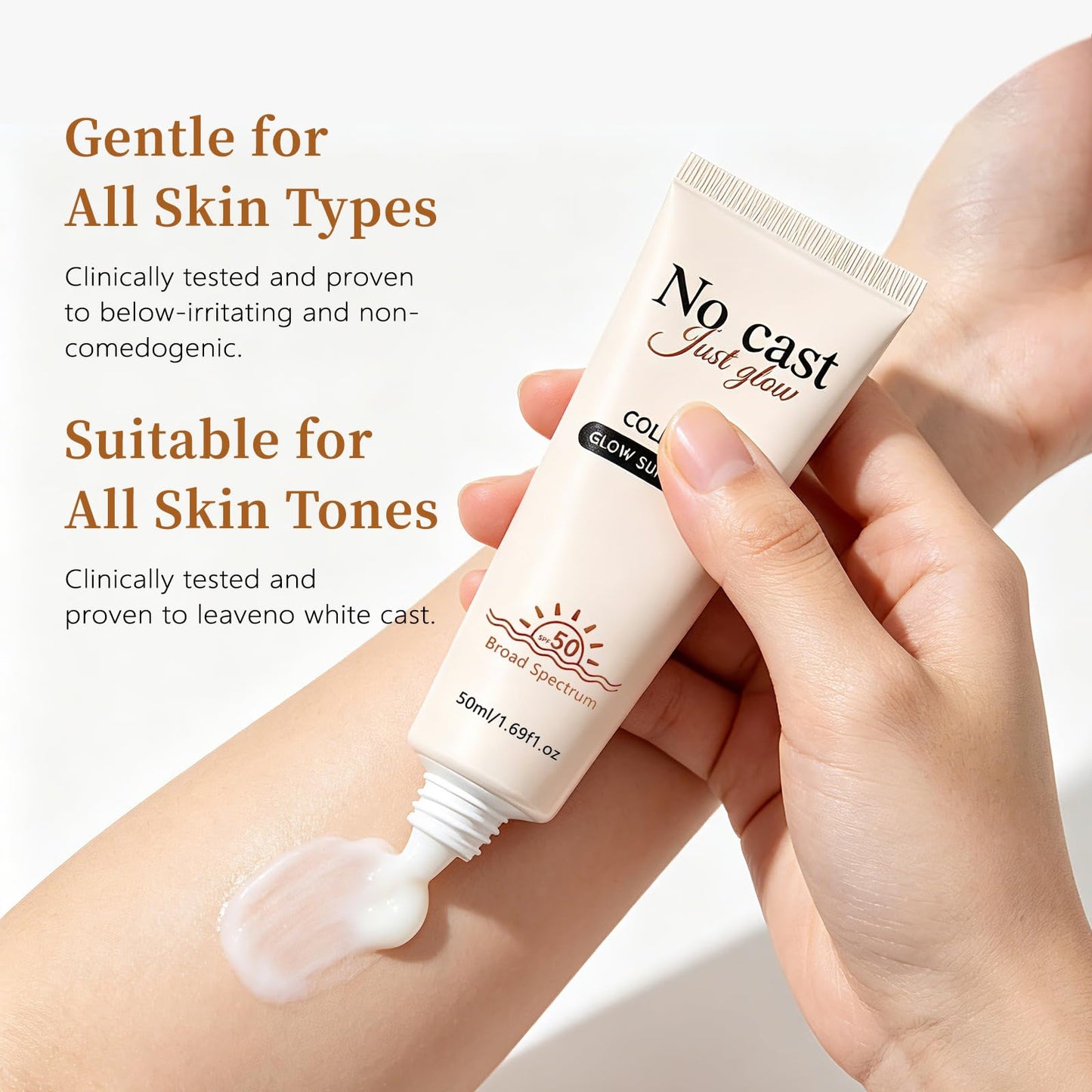 2026 NEW No Cast Just Glow Collagen Sunscreen | SPF 50 Broad Spectrum Face Sunscreen | Lightweight, Non-Sticky, Hydrating Formula | Peptide, Cica for Soothing & Glow | Korean Skincare