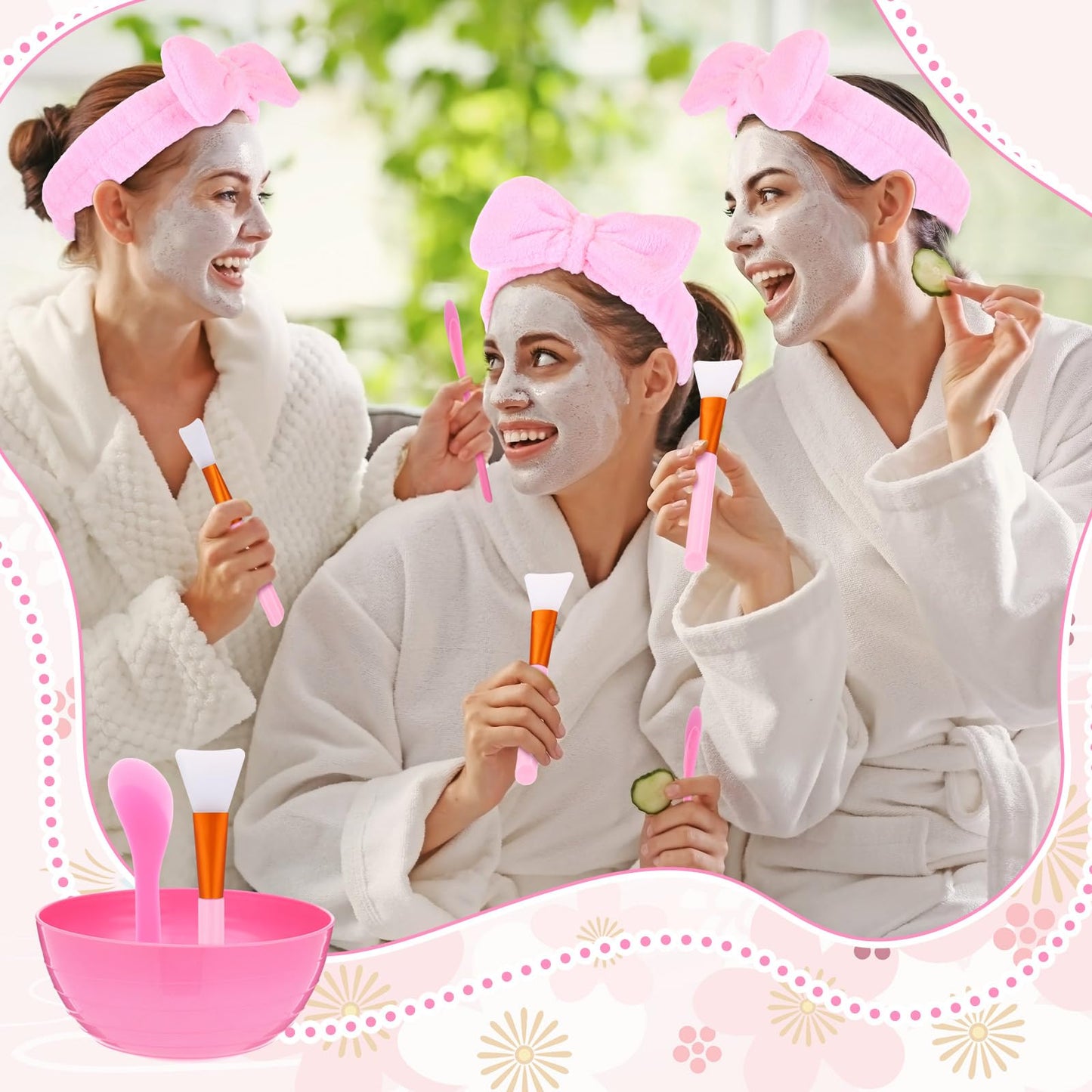 Honeydak 12 Set Spa Party Favors for Girls Sleepover Slumber Party Supplies with DIY Facial Kit Face Mask Mixing Bowl Silicone Brush Headband, Mirror Towel for Birthday Bridal Shower(Pink)