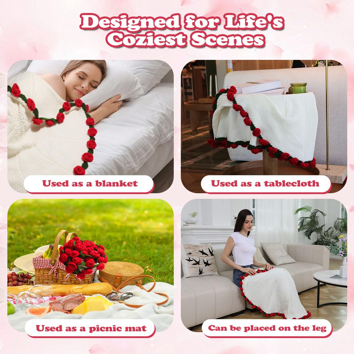 Duryeo Crochet Rose Flower Bouquet Blanket with Red Rose, Handmade Knitted Throw Blanket, Christmas, Valentine’s Day, Anniversary, Birthday Gifts for Wife, Girlfriend, Fiancée, Lover, 43 Inch