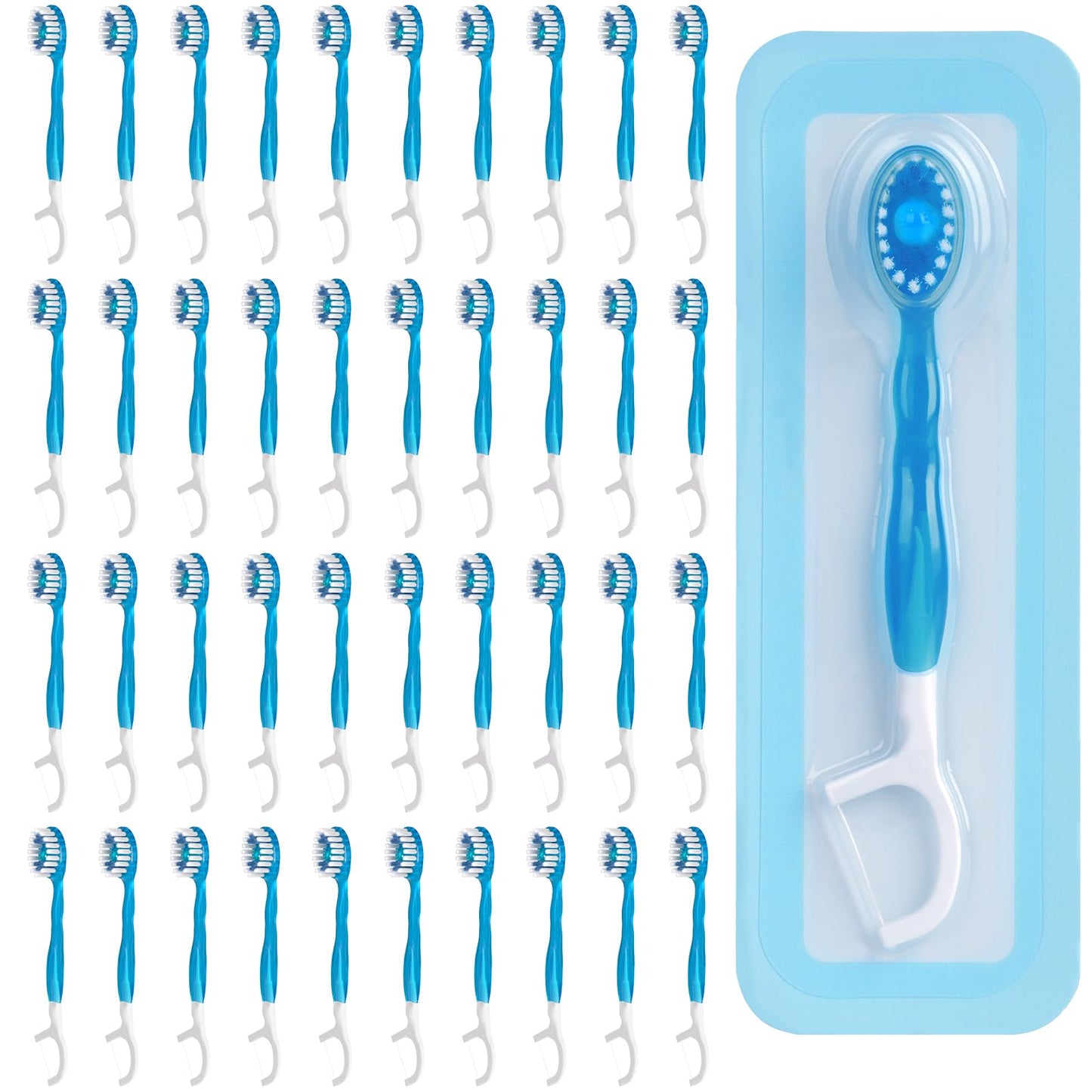 Kucbraly 40 Count Disposable Mini Travel Toothbrushes Individually Wrapped, 5 in 1 Pre-Pasted Mini-Brush+Floss+Pick+Tongue Scraper, On The Go Toothbrush with Freshening Bead, Coolmint