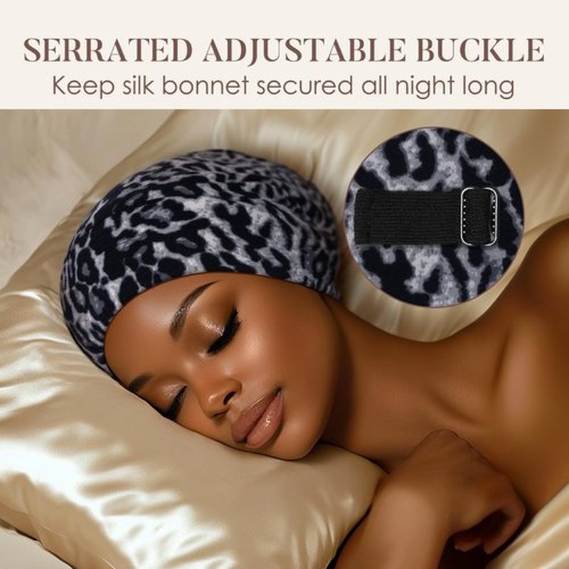 LULUSILK 100% Mulberry Silk Lined Sleep Cap Silk Bonnet for Sleeping, No More Frizzy Tangled Hair, Stay On All Night Adjustable Silk Hair Wrap for Sleeping, Black Leopard, Pack of 1