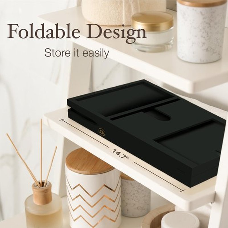 Bambüsi Bathtub Tray Table - Adjustable Bamboo Bathtub Caddy - Space-Saving Folding Bath Tub Tray - Wood Bathtub Accessories - Unique for Women or Men (Black)