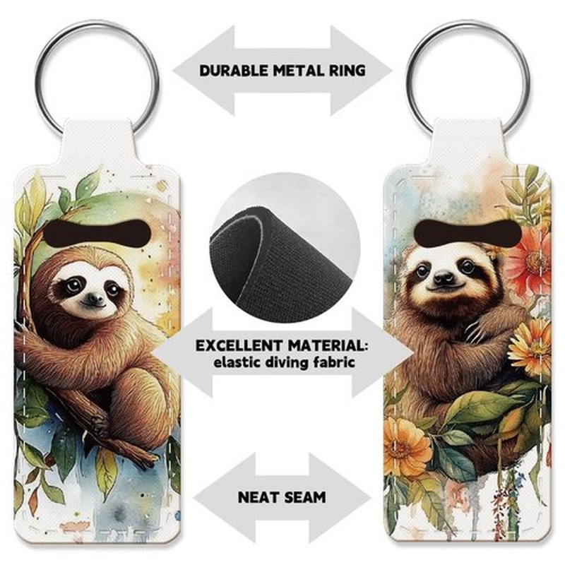 OLYCRAFT 2pcs Lipstick Holder Keychain Sloth Pattern Lip Balm Holders Elastic Diving Fabric Lipstick Keychains Portable Lipstick Holder Bags Lipstick Sleeve Key Ring Holder for Lipstick Chapstick