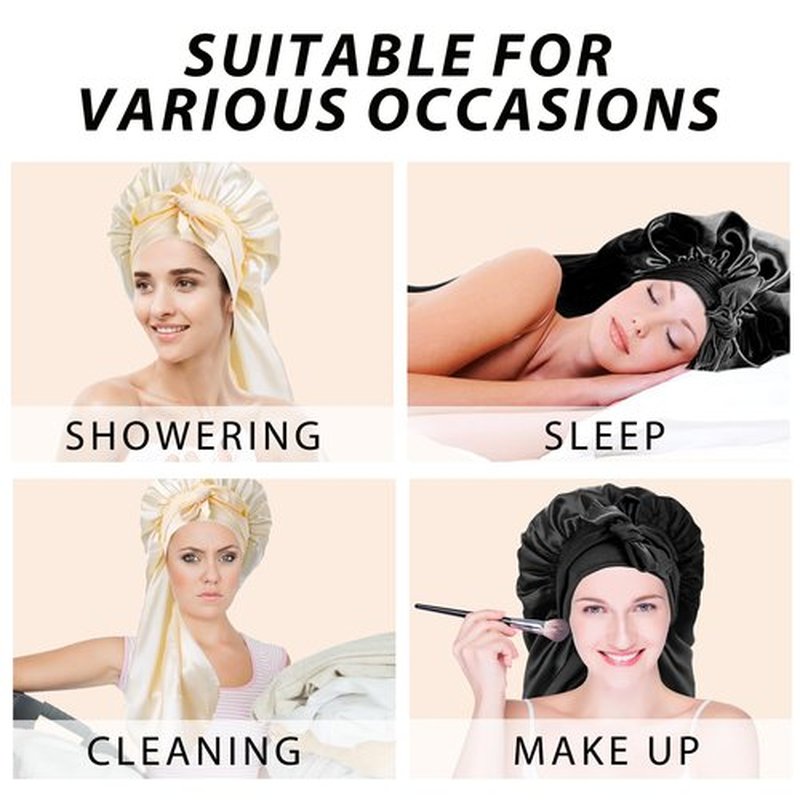 2Pcs Bonnets for Black Women Braid Bonnet, Large Long Satin Bonnet for Braids, Silk Bonnet with Stretchy Tie Band Sleep Cap Hair (2Pcs-Black&Gold)