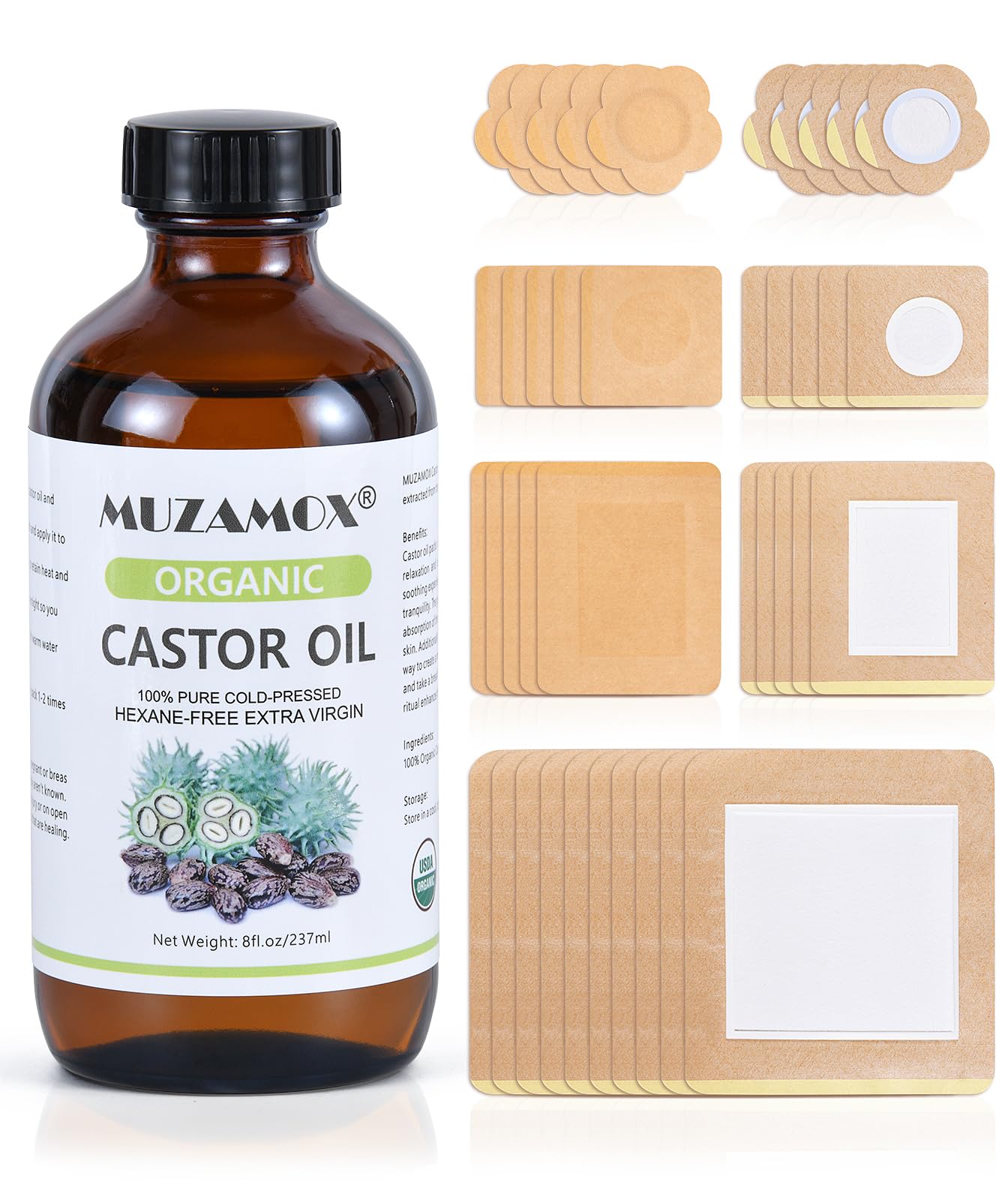 MUZAMOX Castor Oil Patches Disposable 40 pcs, Castor Oil Pack Wrap Organic Cotton for Liver, Stomach, Neck and Belly Button (8oz Amber Glass Bottle Included)